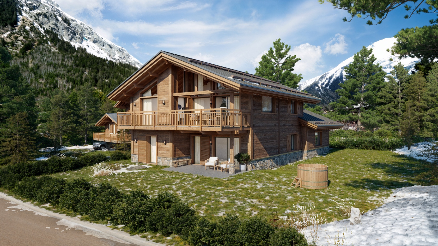 Terrasse en bois et bain nordique face aux sommets