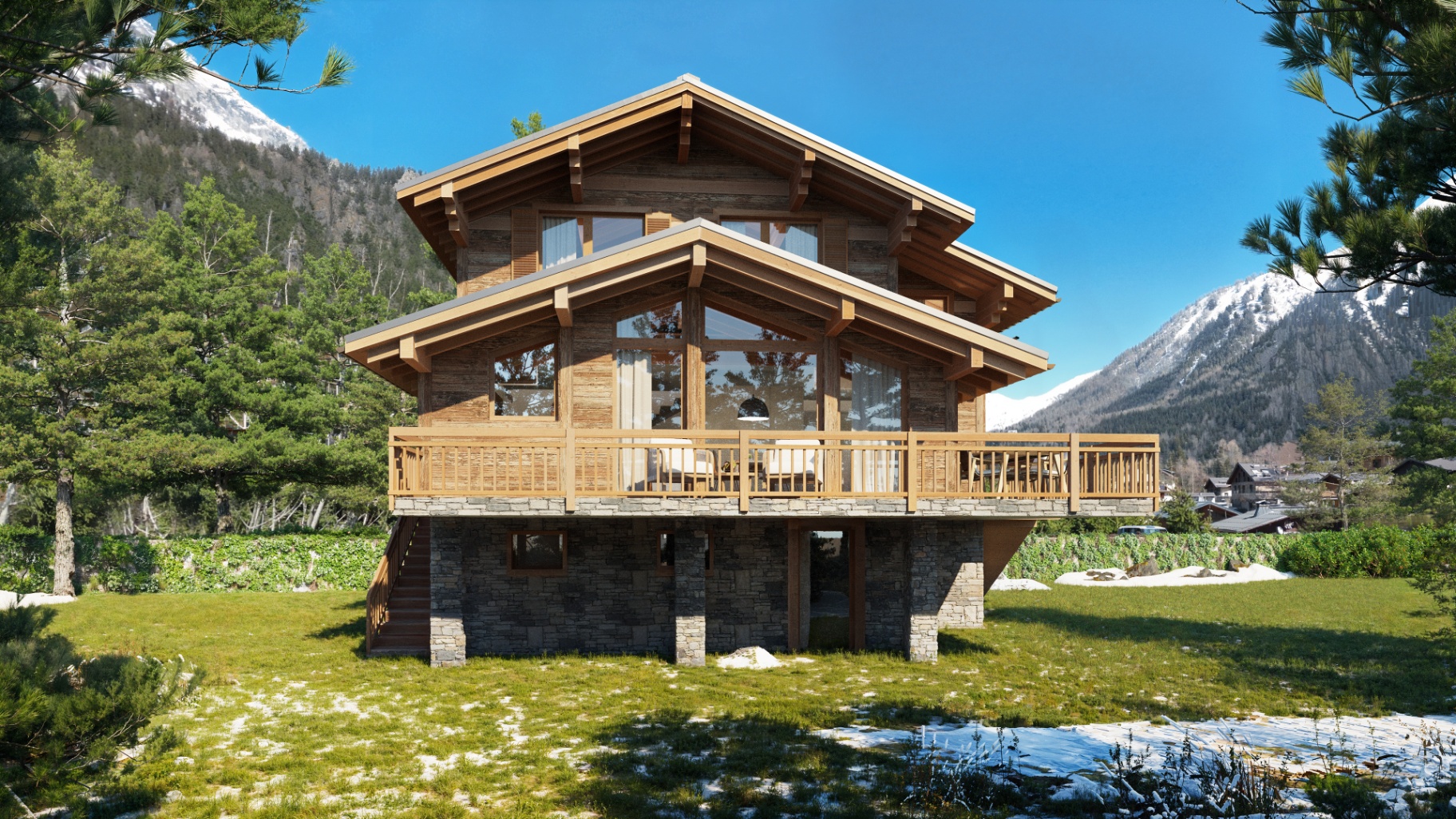 Façade sud du chalet, larges baies vitrées